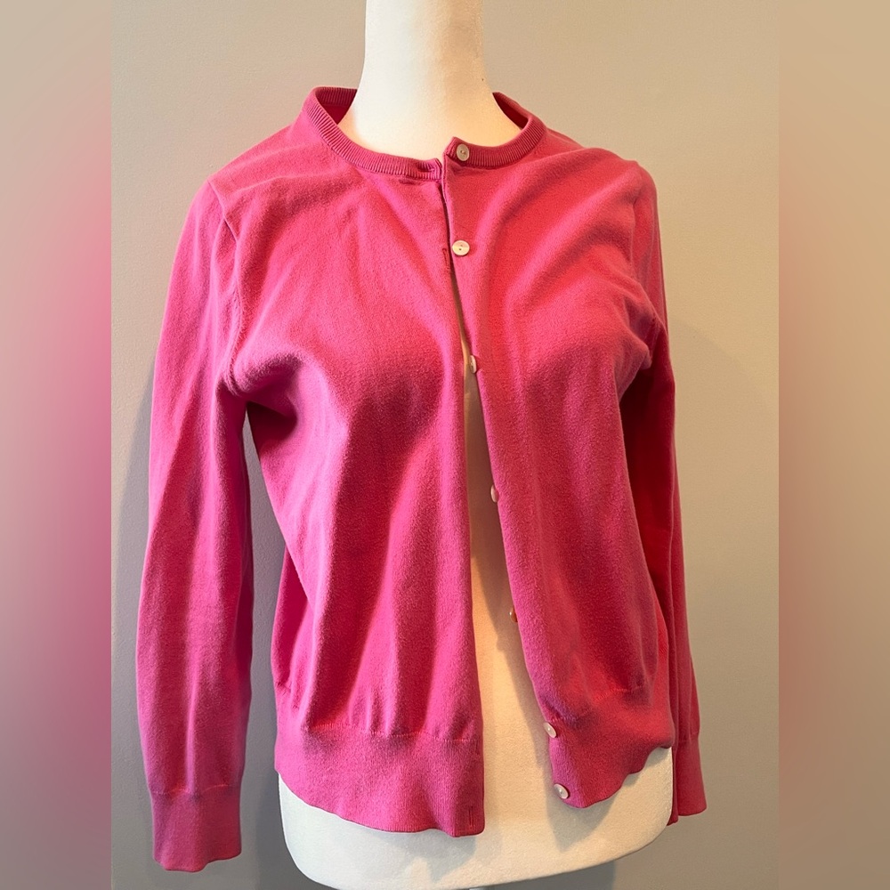 Small petite magenta pink cotton Lands End cardigan